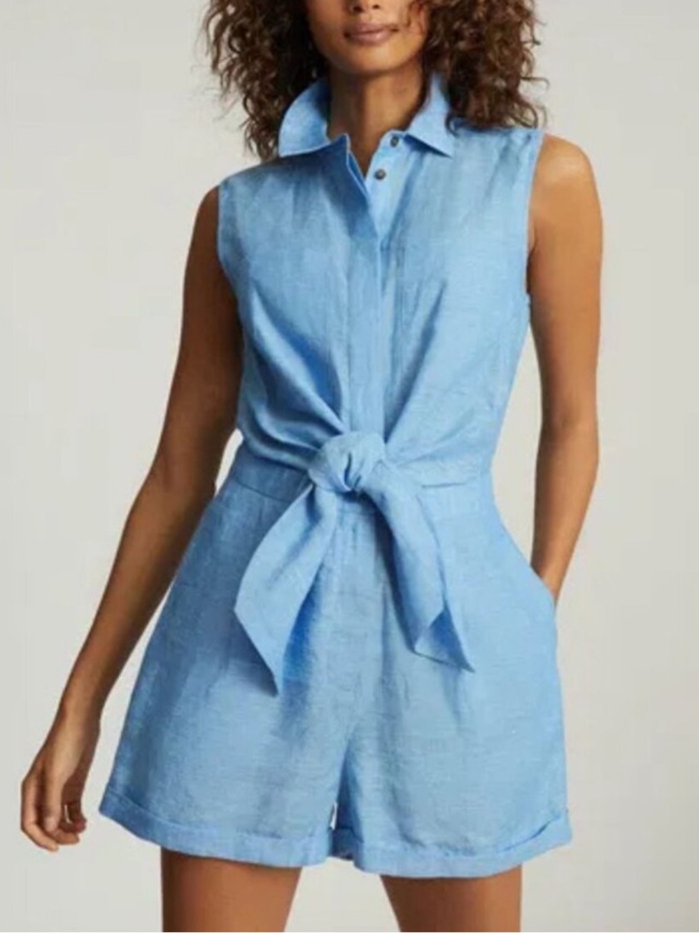REISS Women's Blue Ema Sleeveless Tie Front Linen Playsuit Size 2 8441